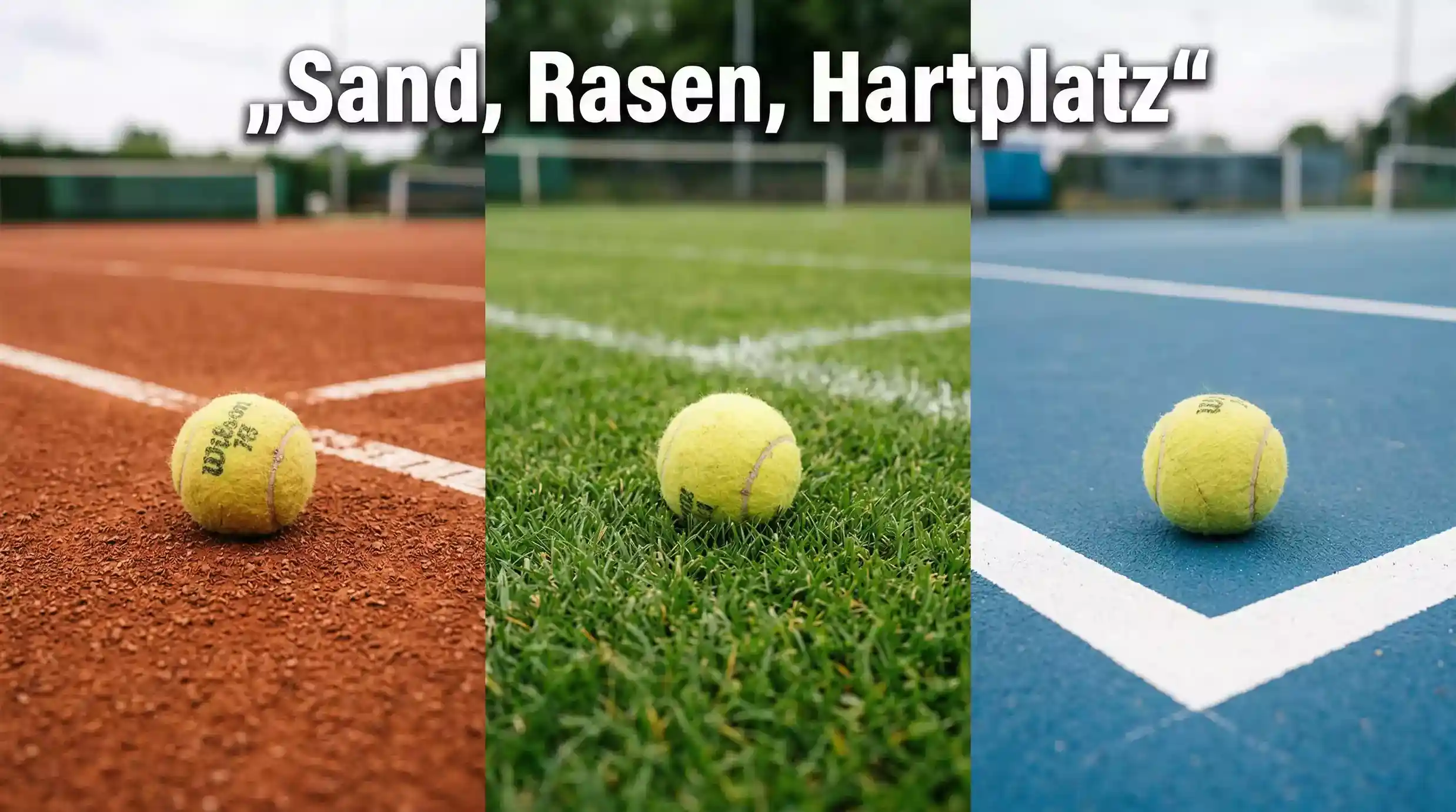 Drei Tennisplatz-Beläge nebeneinander – Sand, Rasen und Hartplatz für Belaganalyse