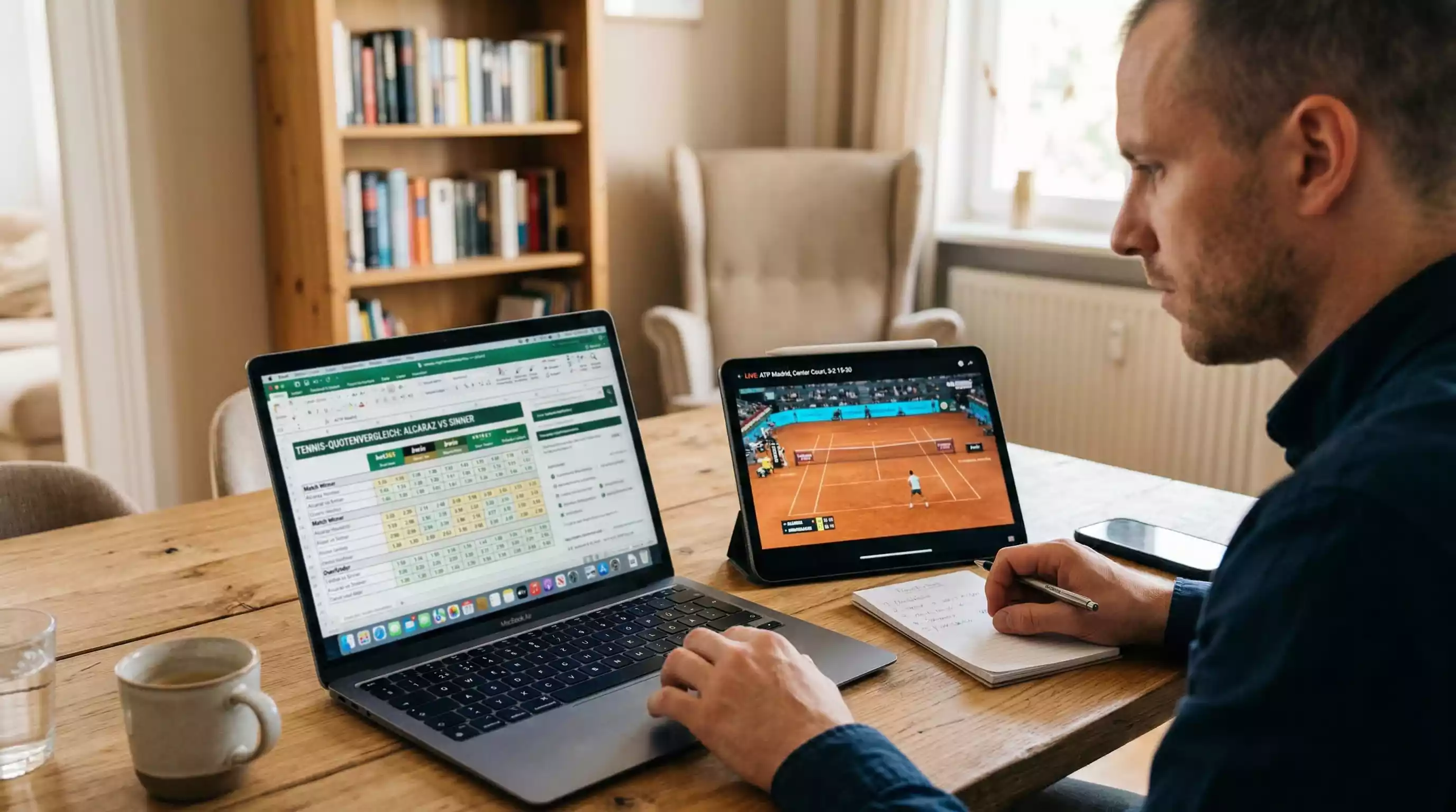 Buchmacher Vergleich Tennis – Person vergleicht verschiedene Wettangebote auf einem Laptop mit Tennismatch im Hintergrund