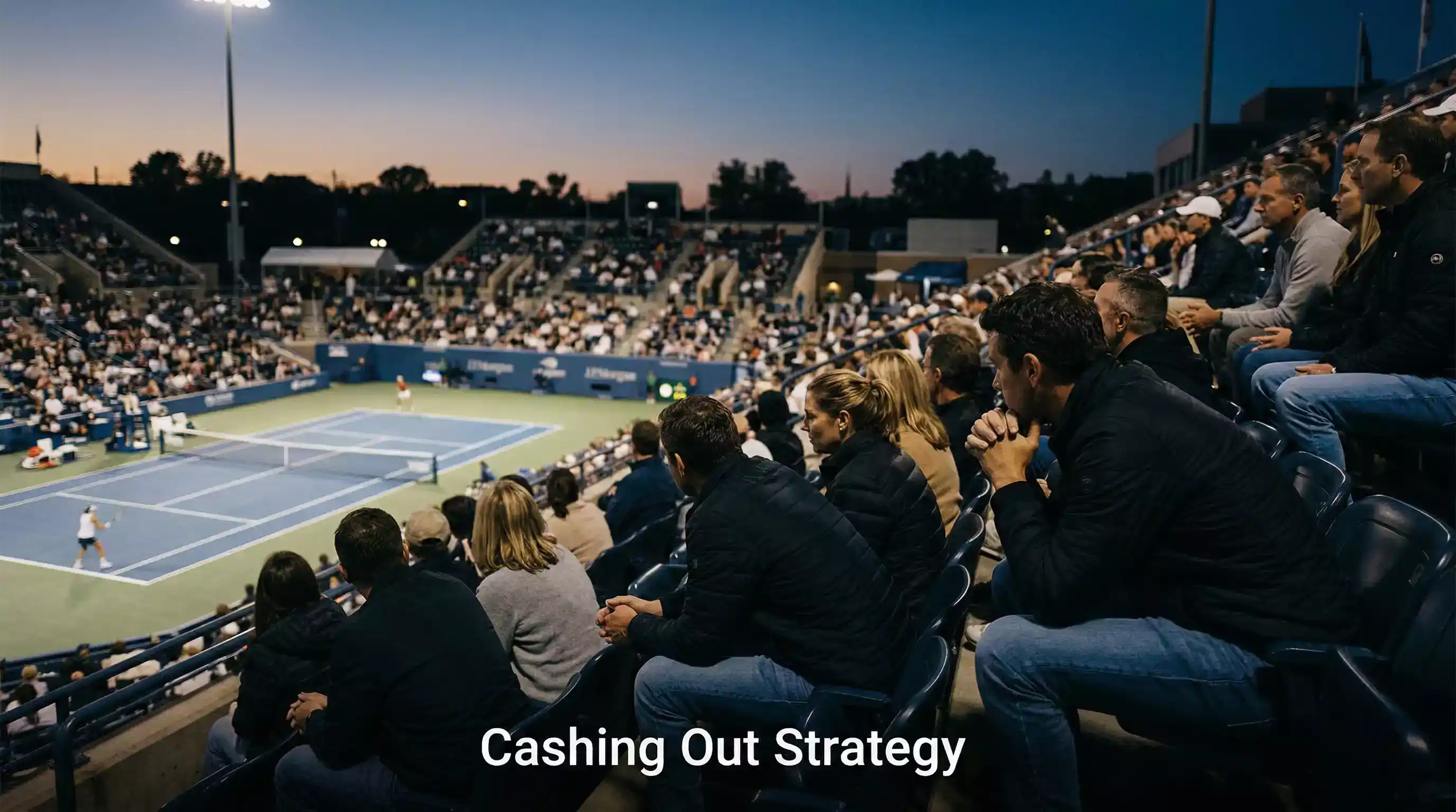 Zuschauer verfolgen ein Tennismatch in einem Stadion bei Abendlicht – Cash-Out Tennis Livewetten