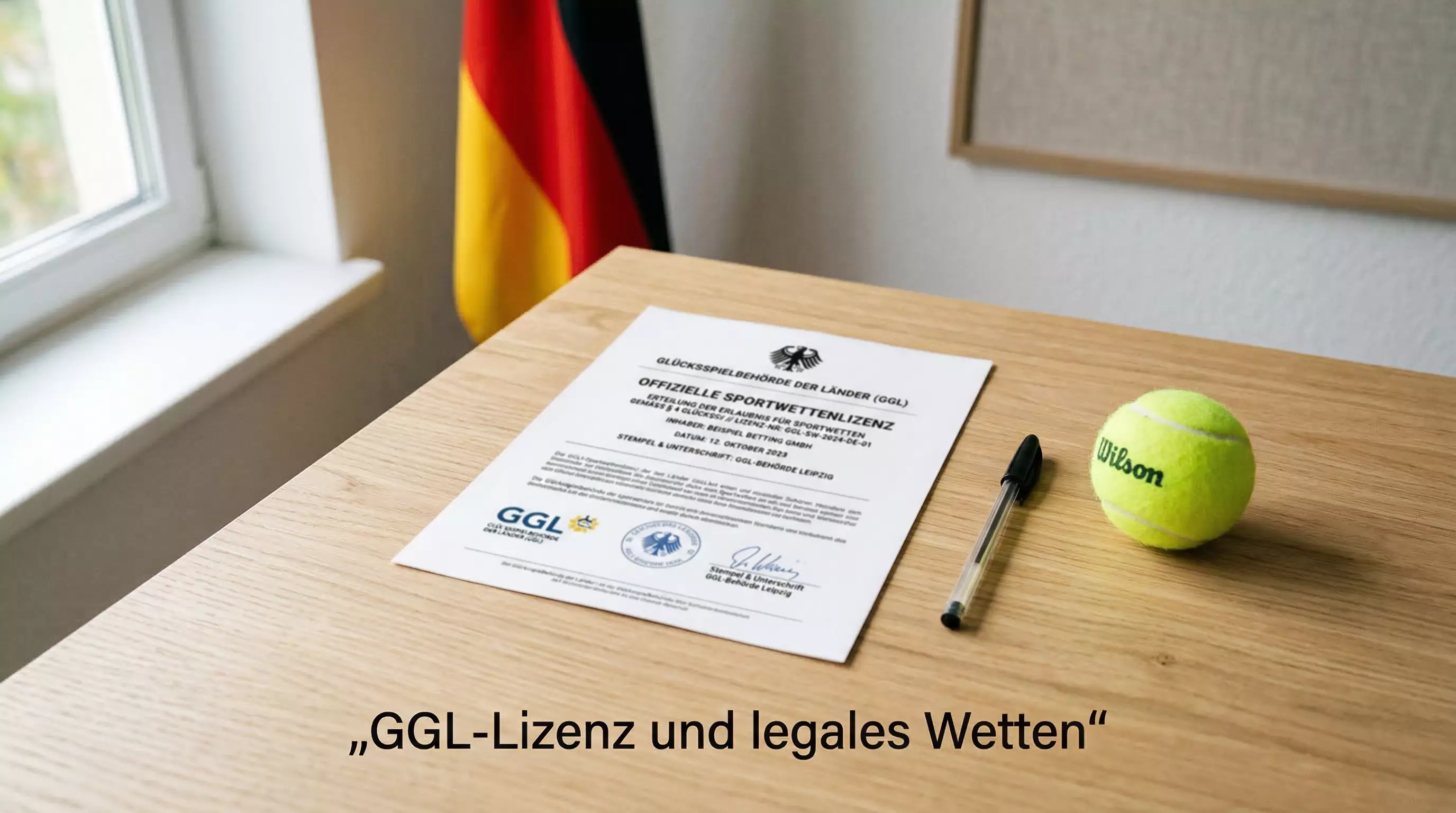 GGL Lizenz Sportwetten – offizielles Dokument mit Siegel auf einem Schreibtisch neben einem Tennisball