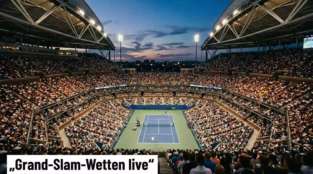 Volles Grand-Slam-Tennisstadion bei Abendlicht – Live-Wetten bei den vier großen Turnieren