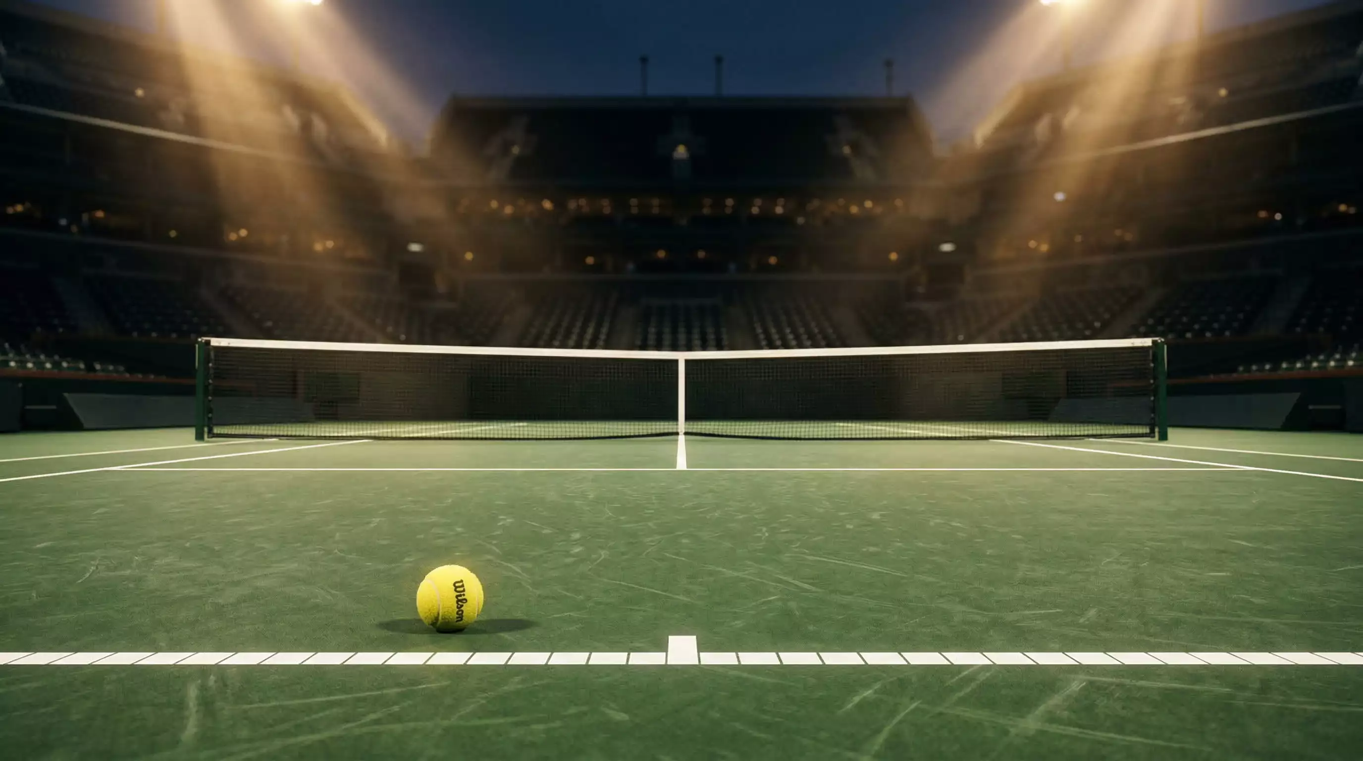 Live Wetten Tennis – Tennisplatz unter Flutlicht bei einem Abendmatch mit dramatischer Beleuchtung