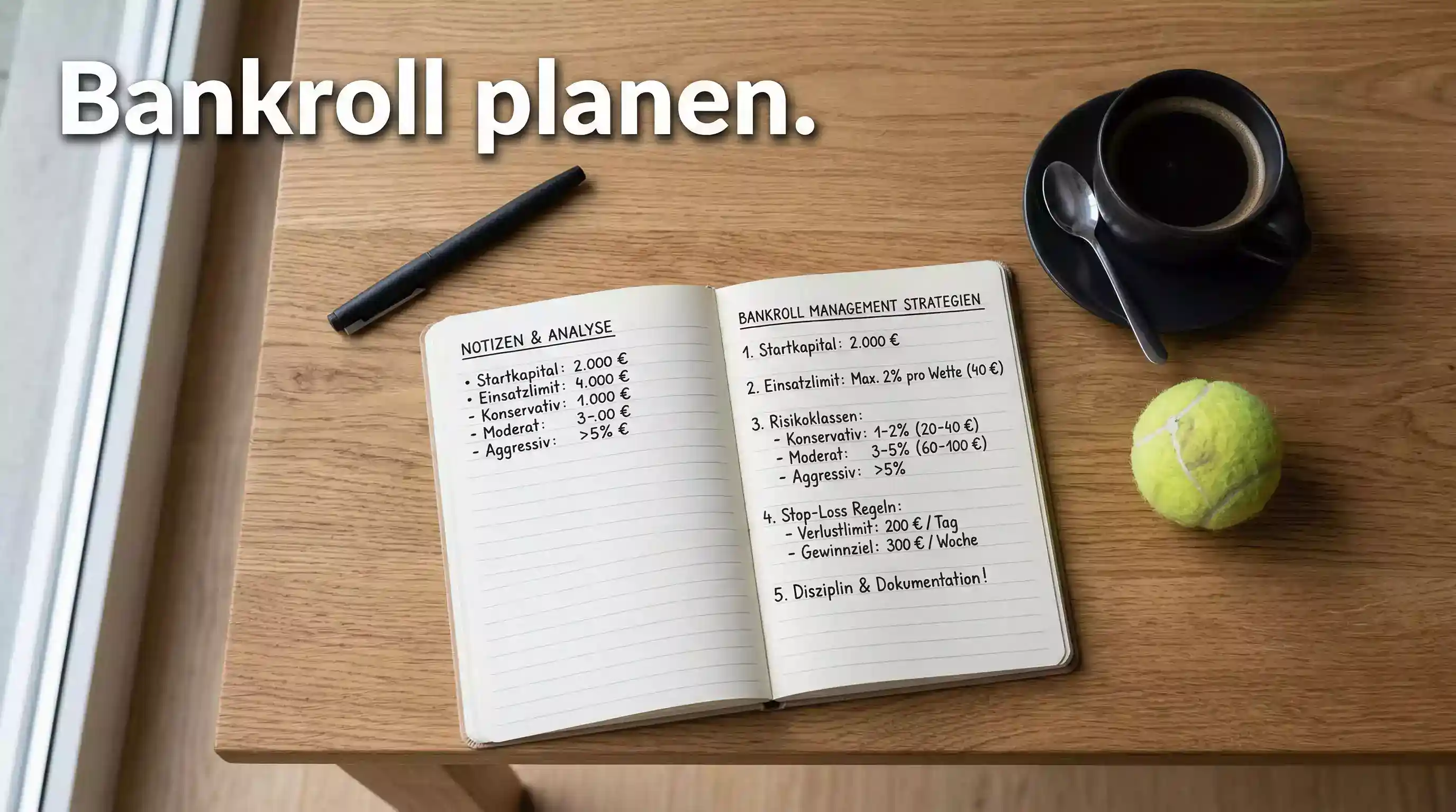 Person plant Bankroll-Strategie mit Notizbuch und Stift – Money Management bei Tennis-Wetten