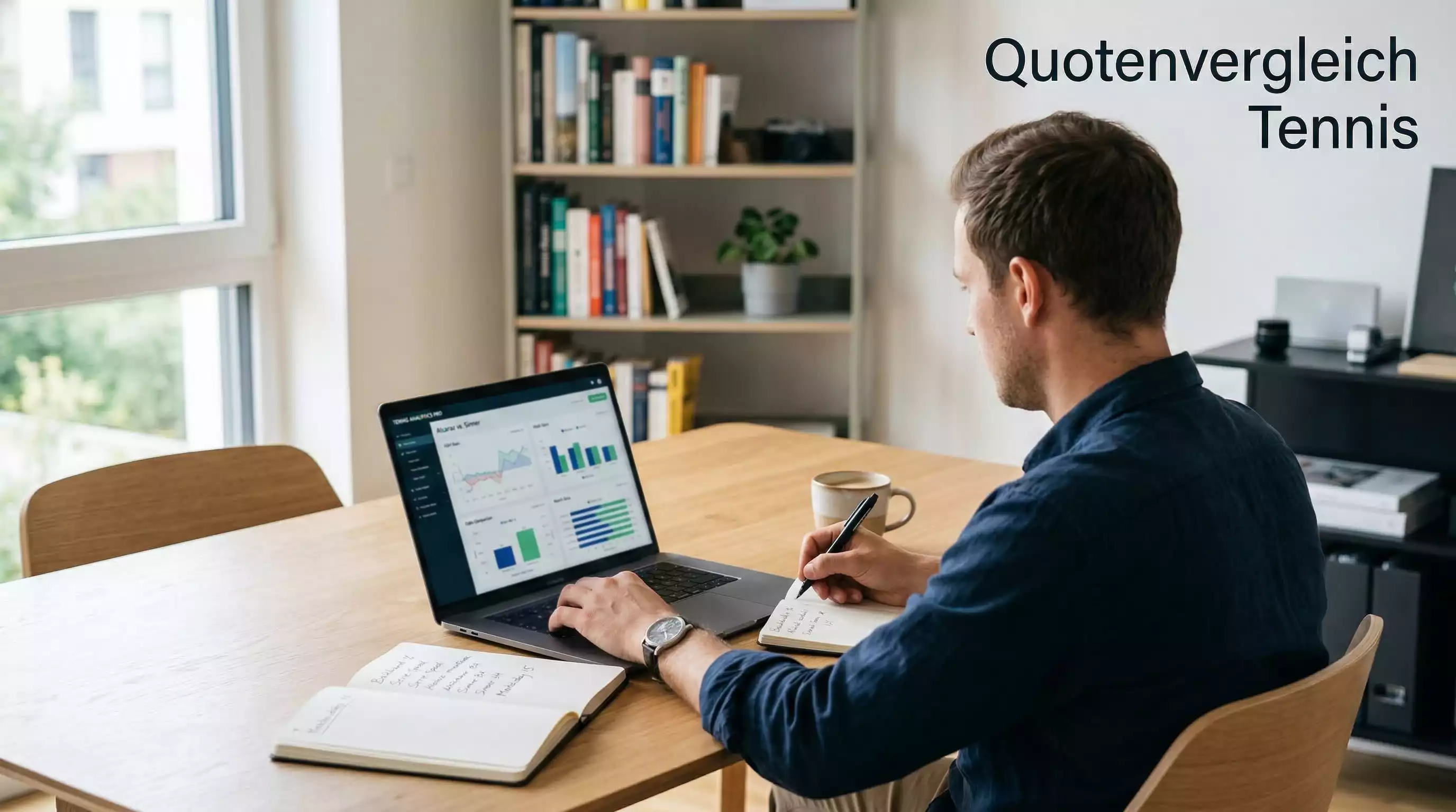 Person analysiert Tennis-Livequoten auf einem Laptop neben einem Notizbuch – Quotenvergleich Tennis