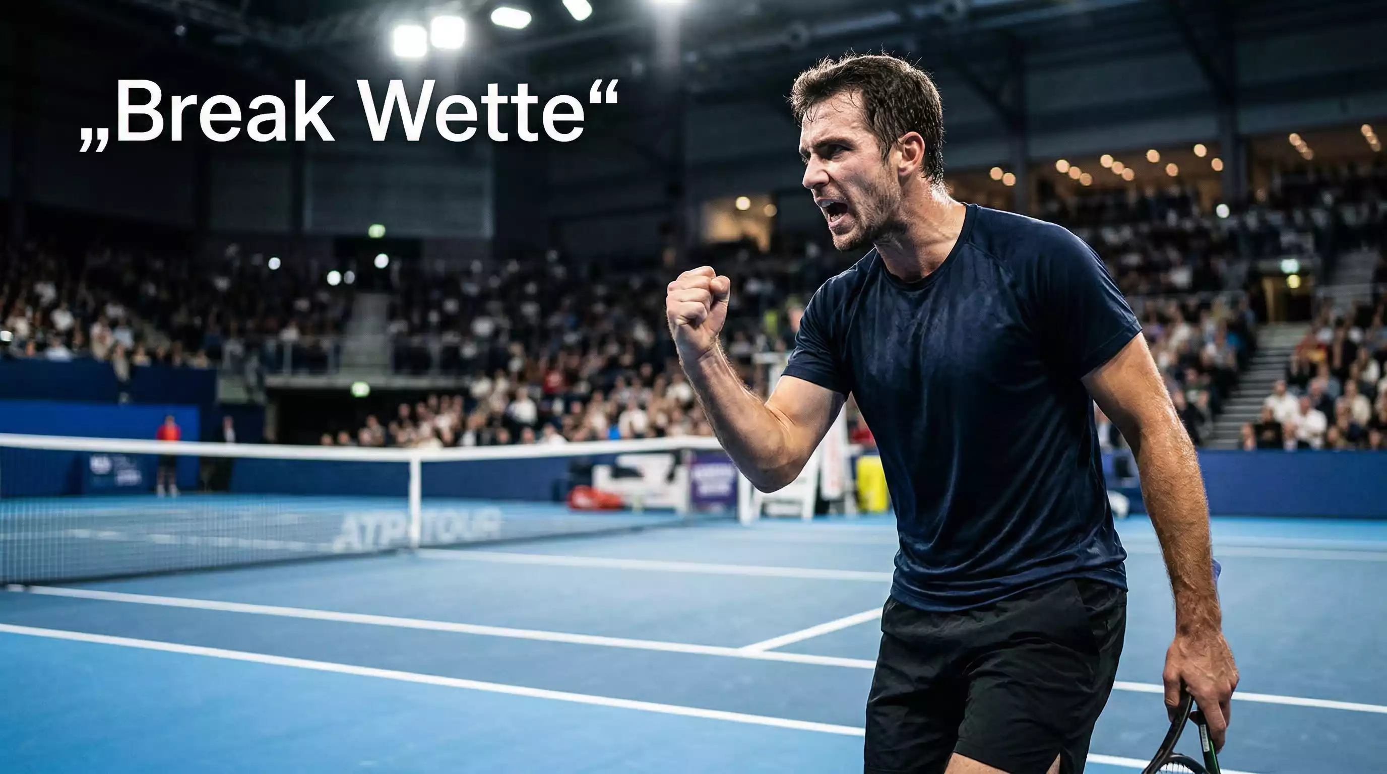 Tennisspieler feiert einen Break mit geballter Faust auf Hartplatz unter Flutlicht – Break Wette Tennis
