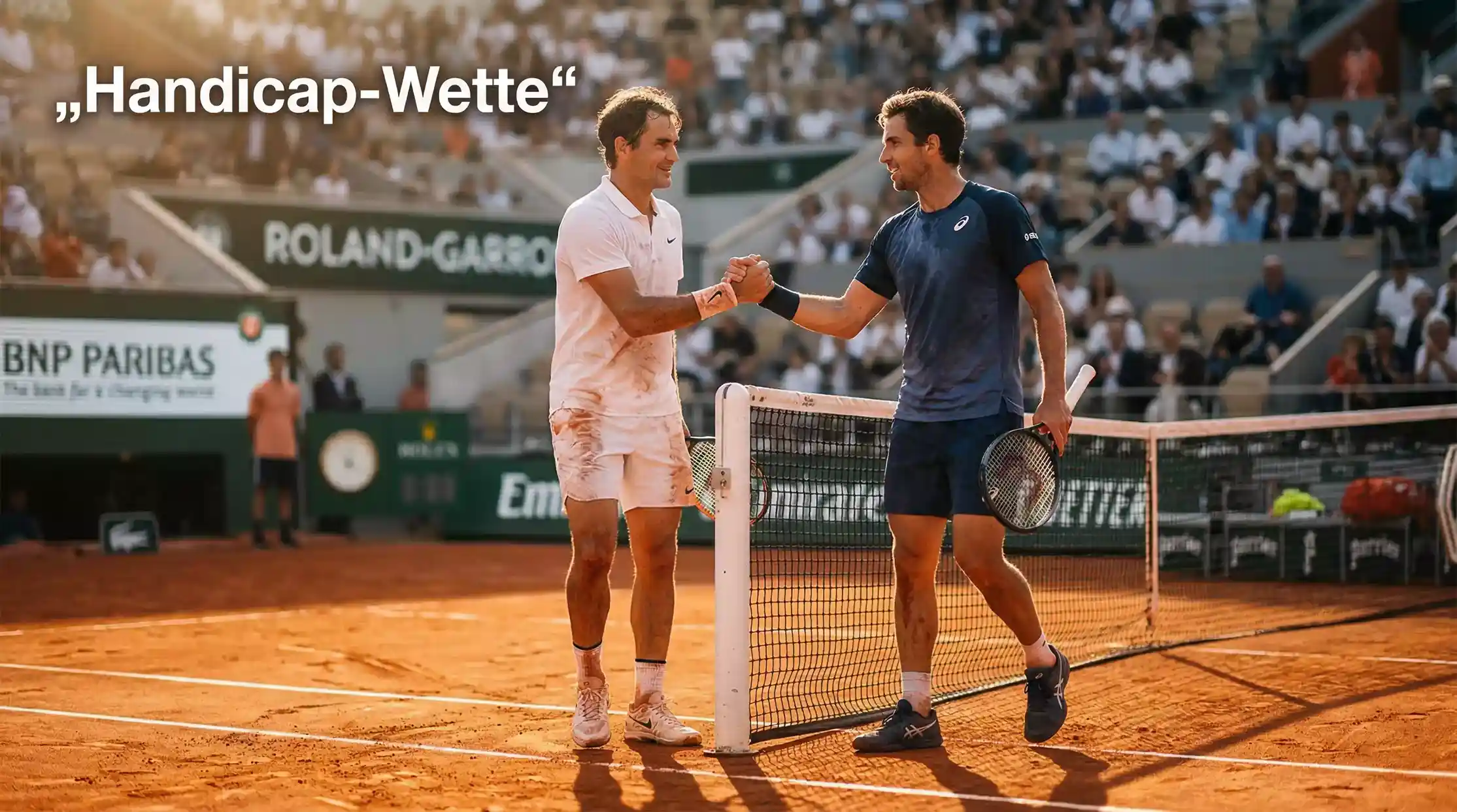 Zwei Tennisspieler am Netz nach einem engen Match auf Sandplatz – Handicap-Wette Tennis