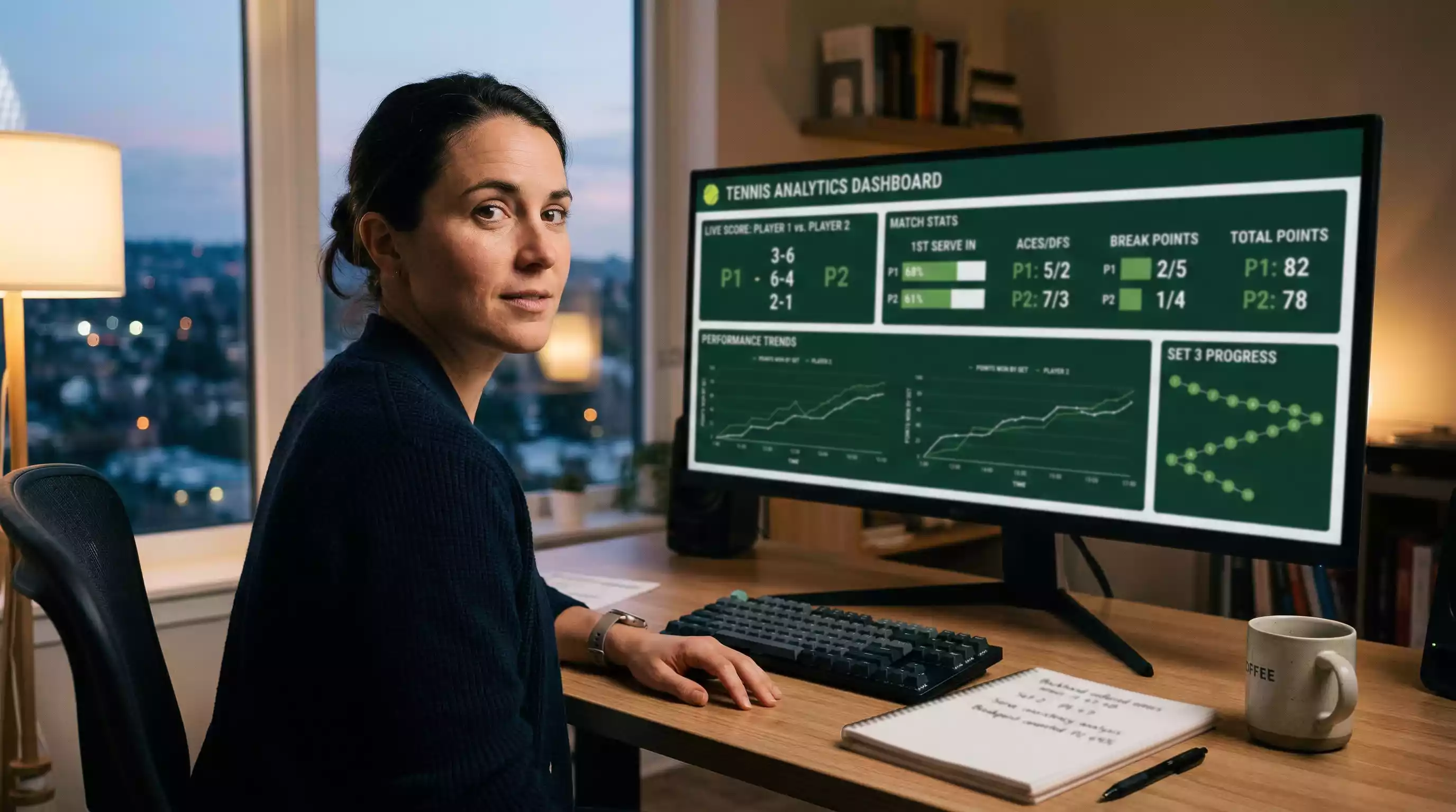 Tennis Live Quoten Analyse – Sportanalyst beobachtet Echtzeit-Daten auf einem Monitor während eines Tennismatches