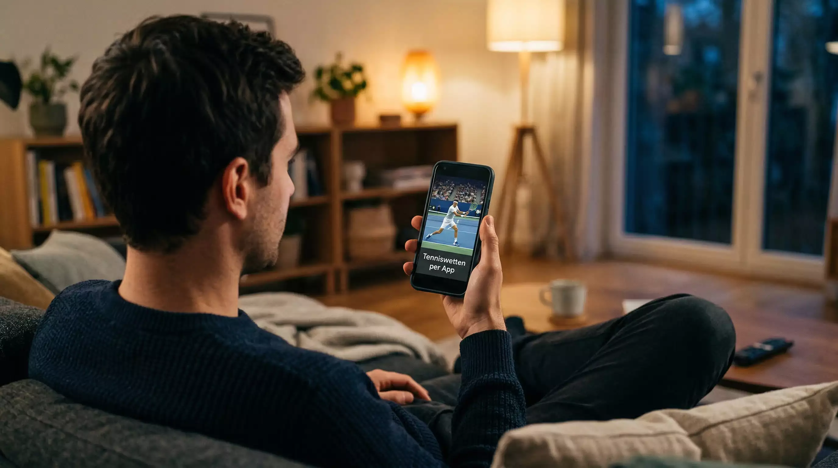 Tennis Live Wetten App – Hand hält Smartphone mit Live-Match auf dem Bildschirm
