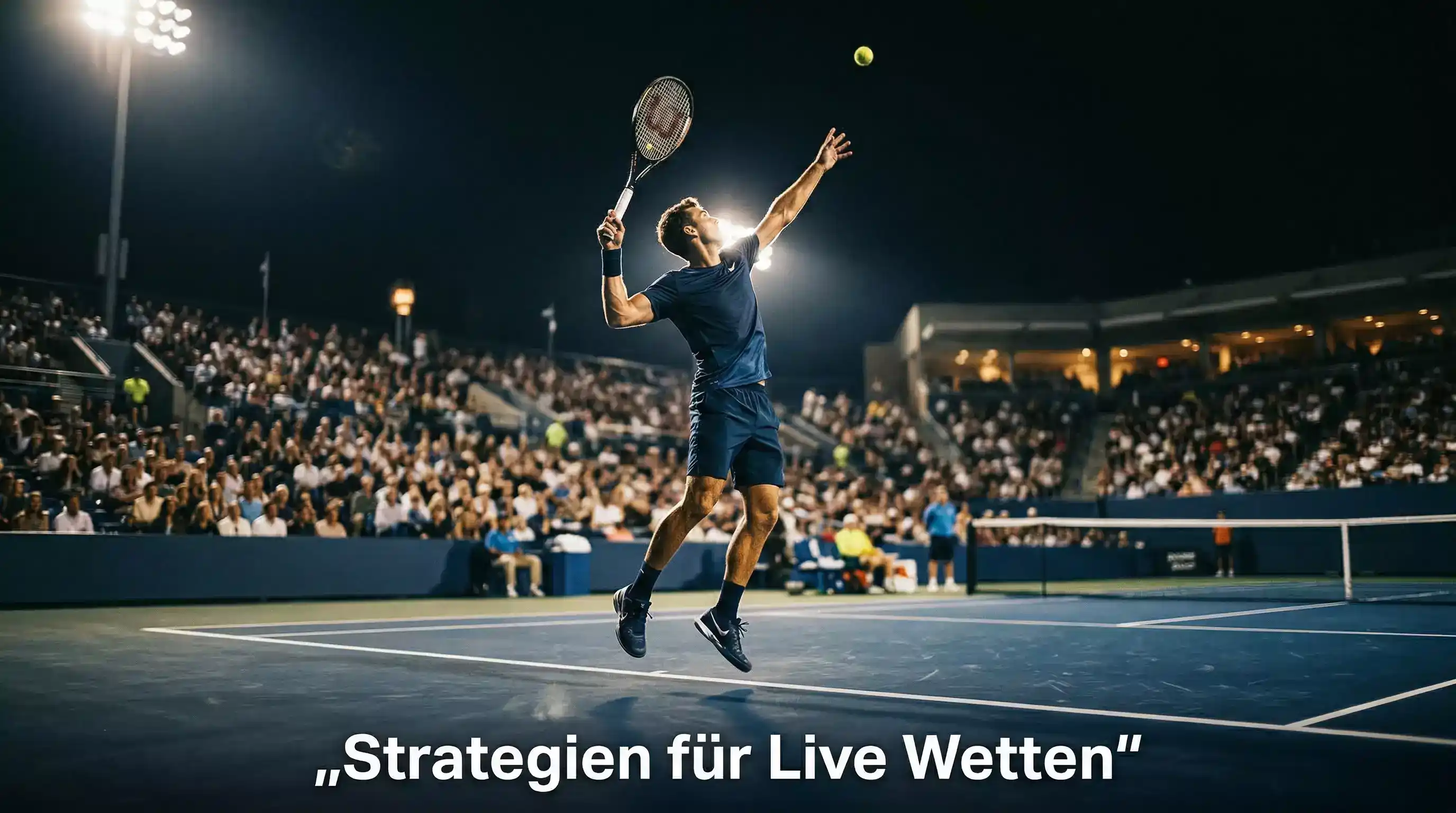 Tennis Live Wetten Strategie – Spieler beim Aufschlag auf Hartplatz unter Flutlicht