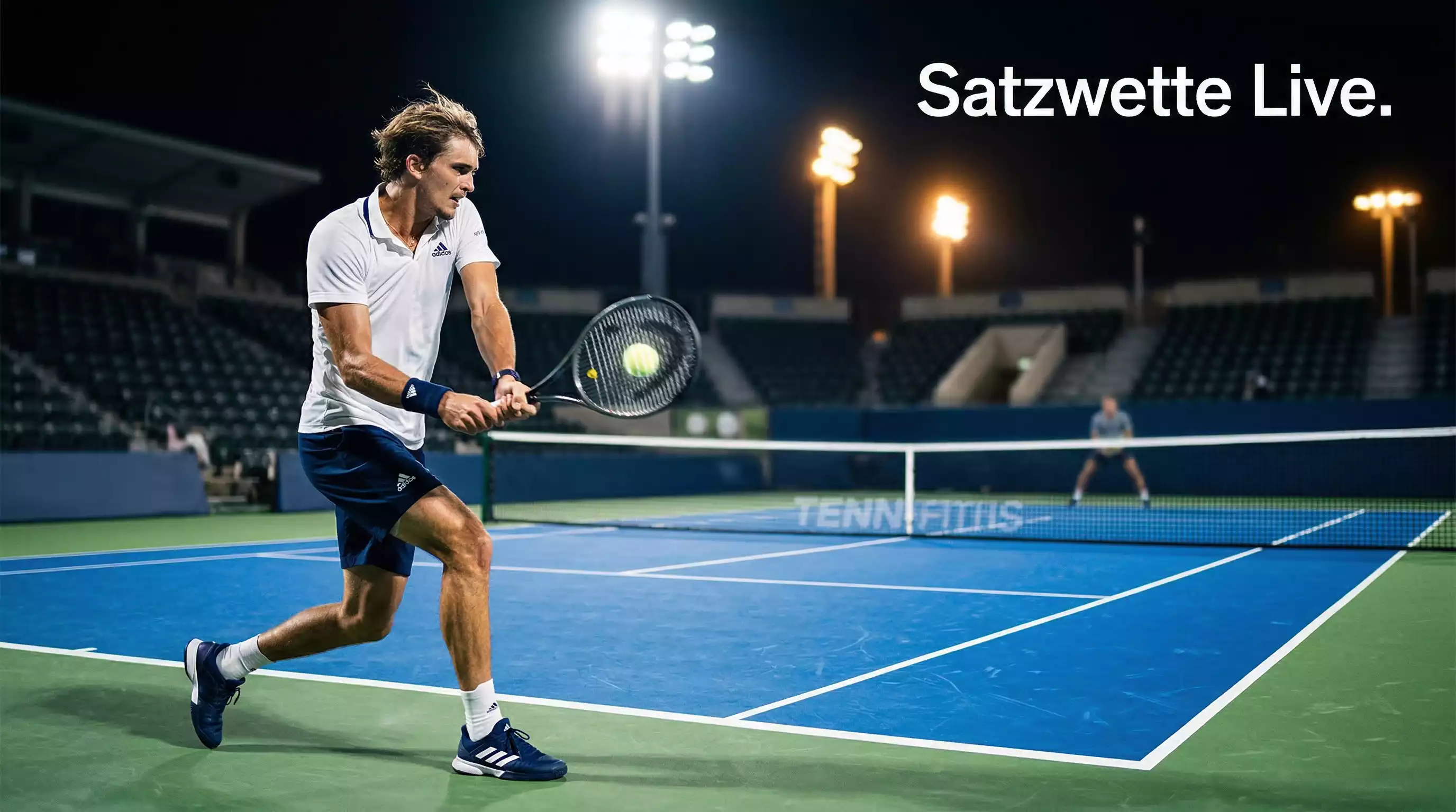 Tennisspieler schlägt eine Vorhand auf einem Hartplatz bei Flutlicht – Satzwette live