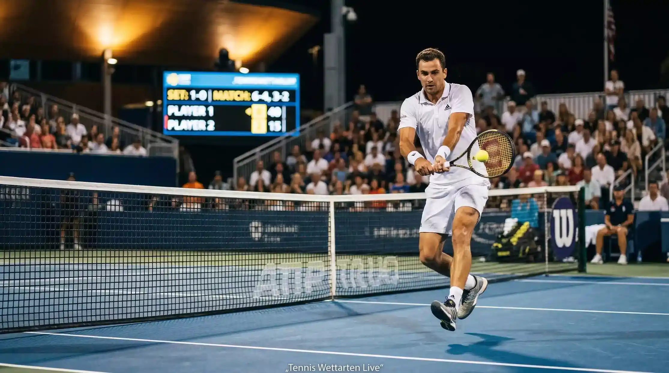 Tennis Wettarten live – Spieler am Netz während eines Matches mit sichtbarer Anzeigetafel