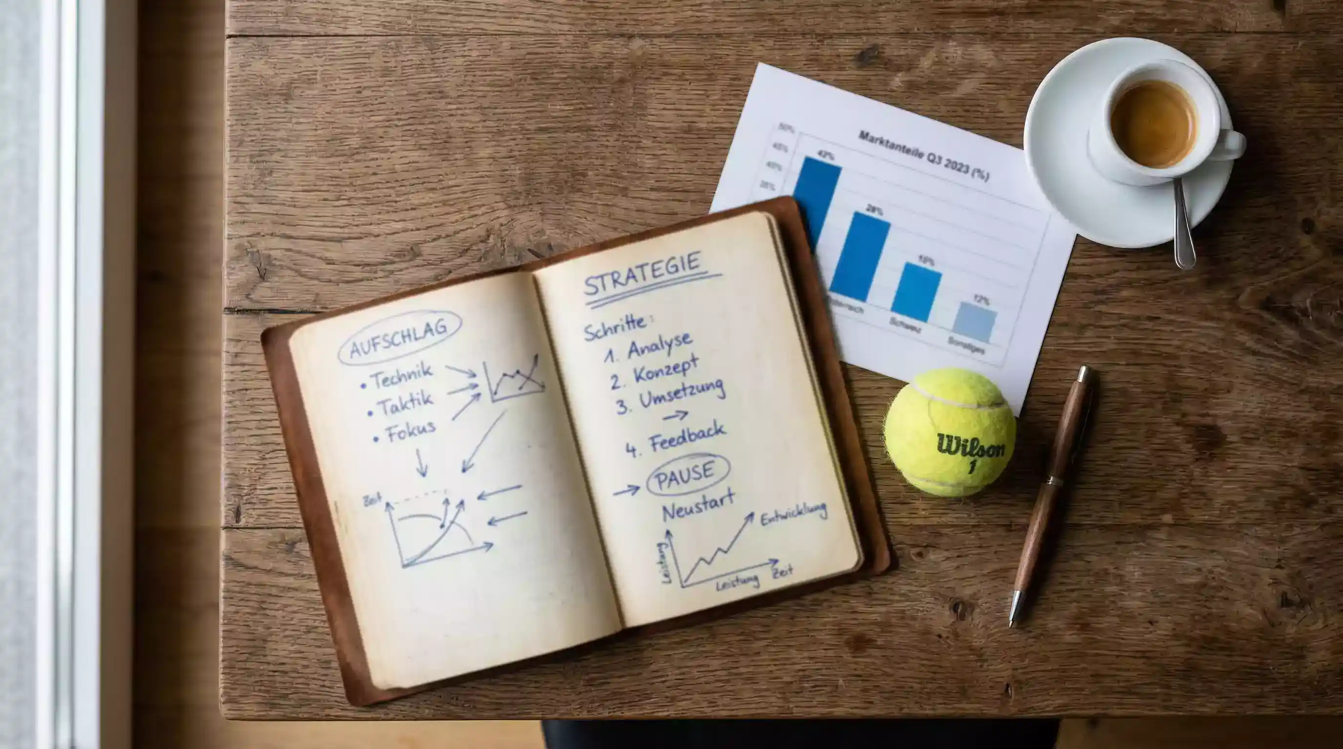 Tennis Wetten Strategien – Notizbuch mit handgeschriebener Wettanalyse neben einem Tennisball auf dem Tisch