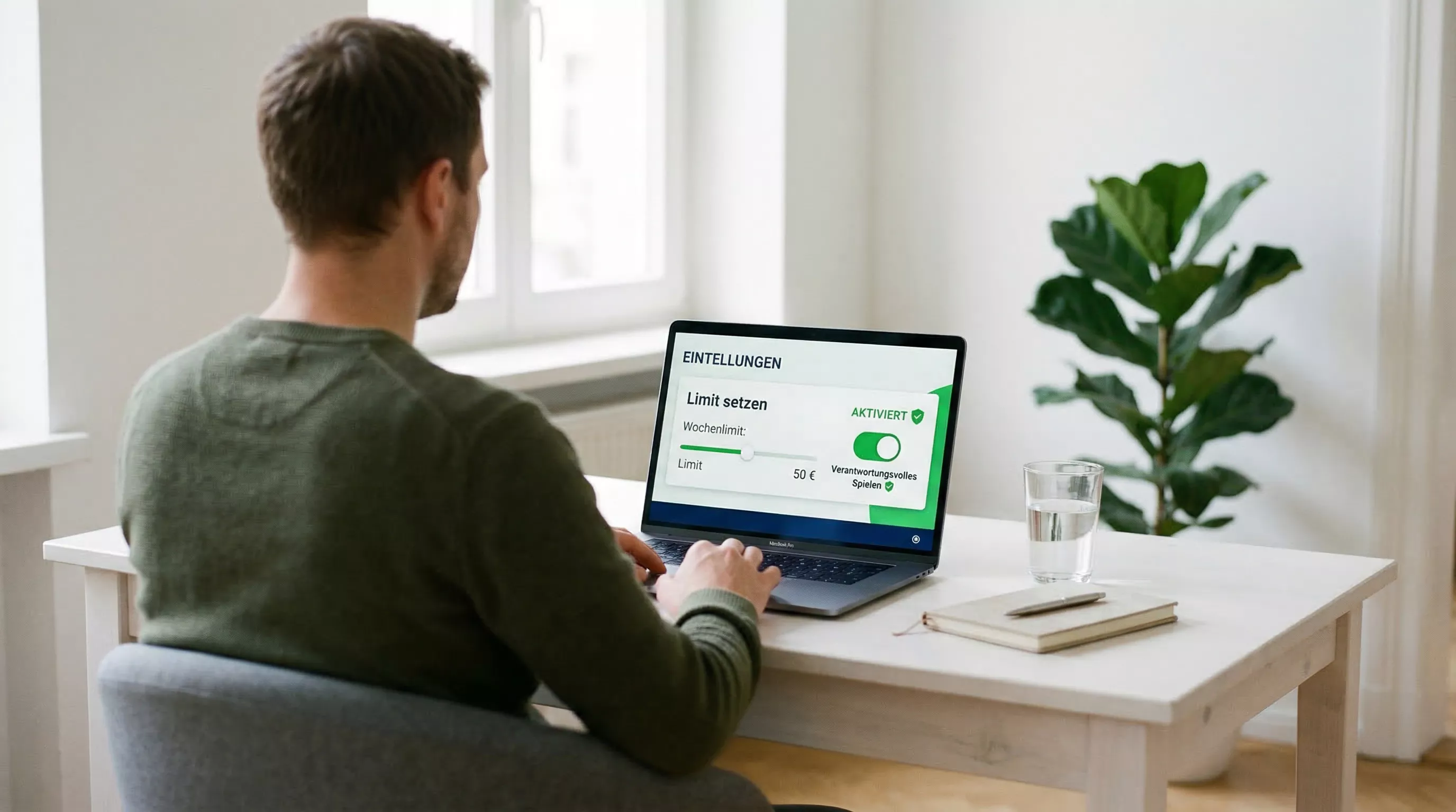 Verantwortungsvolles Spielen – Person setzt sich bewusst Limits am Laptop mit Spielerschutz-Symbol auf dem Bildschirm